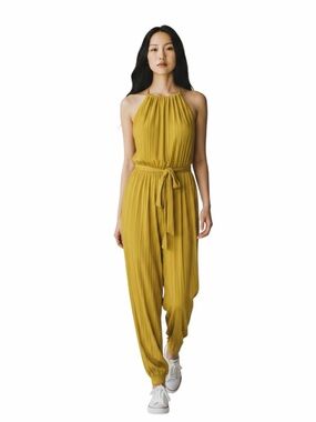 Cherie Los Angeles Yellow Halter Jumpsuit Side Slit Tie Waist Women's Medium M